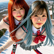 AI画像　ペアでスキージャンプする琴葉姉妹