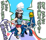 バトル場のディアルガをベンチに戻すリーフ(ポケポケ)
