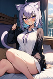 ベッドの上の猫又さん（AIイラスト）