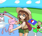 バトルで傷付いたミュウをやさしく介抱するかけだし調査員くん