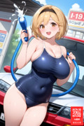 スクール水着を着て洗車するガソリンスタンド店員のジータちゃん