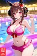 ピンク色のフリルやリボンが付いた子供っぽい水着を着るジェンティルドンナ