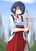 神社を手伝う隊長さん