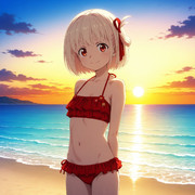 錦木千束、8歳、夕方の海