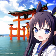 厳島神社と少女のツーショット