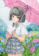 梅雨とアジサイと女の子