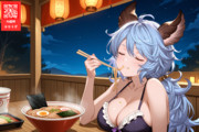 屋台でラーメンを食べている水着姿のサテュロスちゃん