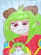 不落ちゃん人形を持つ不落さん