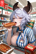 商品のフランクフルトを妙に艶めかしくアピールしているコンビニ店員のサテュロスちゃん