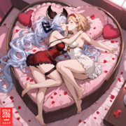 ラブホテルのハート型ベッドで百合するジータとサテュロス