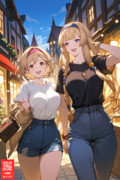 夕暮れの商店街を散策するジータとアテナ