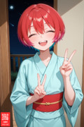 浴衣でみんなにピースサインをするマチュ