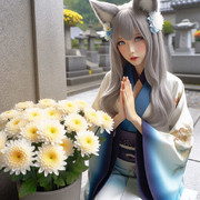 AI画像　お墓参りのイタコ