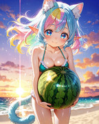 スイカを運ぶケモ耳エルフさん