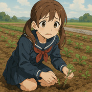 定植作業がうまくいかず困る女子高生