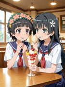 ２人で仲良くパフェを食べる