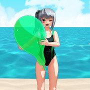 競泳水着の霞さんと風船、南の島にて。