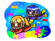 スキューバダイビングをする男女の落書き風イラスト素材