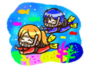 海の中でスキューバダイビングをする笑顔の男女の落書き風フリーイラスト素材