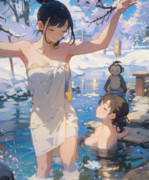 お猿と一緒に雪見露天風呂に入りはしゃぐ美女たち✨