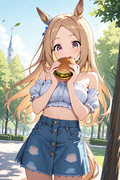 ナリタトップロード(ウマ娘)　外の公園でハンバーガーを食べてる