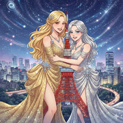 AI生成　巨大セレブ姉妹が東京タワーをハグしているイラスト
