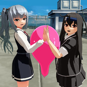 霞さんと初霜さんと風船、屋上にて。