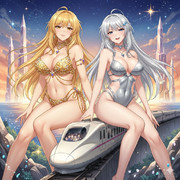 AI生成　巨大セレブ姉妹が新幹線に座っているイラスト