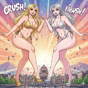 AI生成　巨大セレブ姉妹が国会を踏み潰しているイラスト