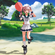 漣さんと風船、草原にて。