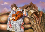 恐竜の上でギターをひく少女