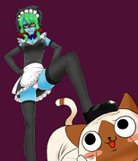 ネコの着ぐるみを着て踏みつけられている真野