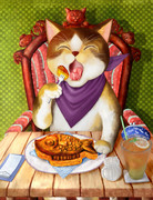 お魚型のアップルパイを食べる猫