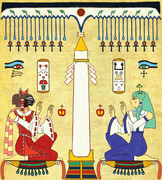 オベリスクがそびえ立ち、それを両側から二女神が祝福する