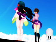 ずん子となつ 堤防の上から海を眺めるの図