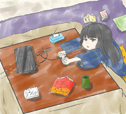 炬燵と初雪ちゃん。