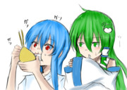 口噛み酒をする早苗とその真横でめっちゃ米を食べる天子