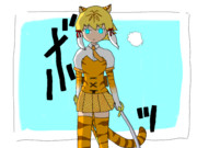 かっこいいポーズをとるアライさんを真似てパンをもつフェネックに便乗してみたかったジャガーに同調す