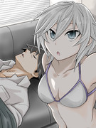 グラビアの付き添いで疲れて眠る武内Pと寝顔を収めようと着替えもせずに自撮りするアーニャ