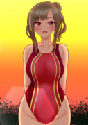 水本ゆかり×競泳水着×夕暮れ