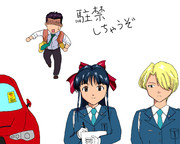 放置車両確認標章を貼り付ける真宮寺さくらとマリア・タチバナ