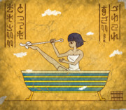 【壁画】足の指の間を猫の手のようなペットボトルブラシで洗う女