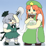 半霊をなでる美鈴とくすぐったい妖夢