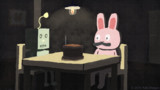 ラジオを聴くピンクのうさぎとロボット