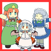 ポーズを決めるレミリアお嬢様と左右に控える咲夜さんと美鈴