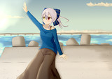 夕暮れの海辺で