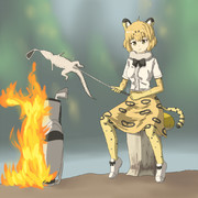 ジャガーさんが川辺っぽいところでゴルフバッグを焚き火にワニを焼いている画像