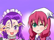 紫キャラの笑顔の接客サービス