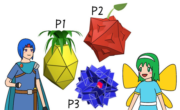 多面体のフルーツ、少年戦士、妖精