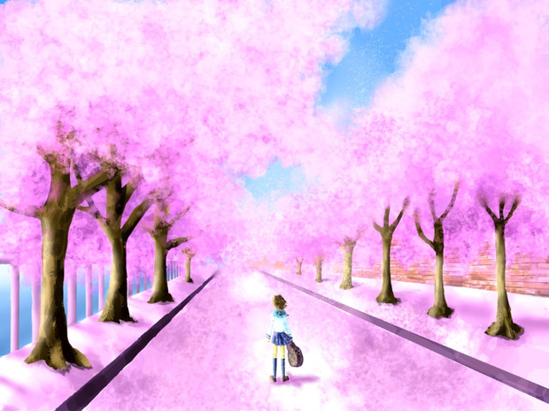 桜並木道と少女 ときま さんのイラスト ニコニコ静画 イラスト